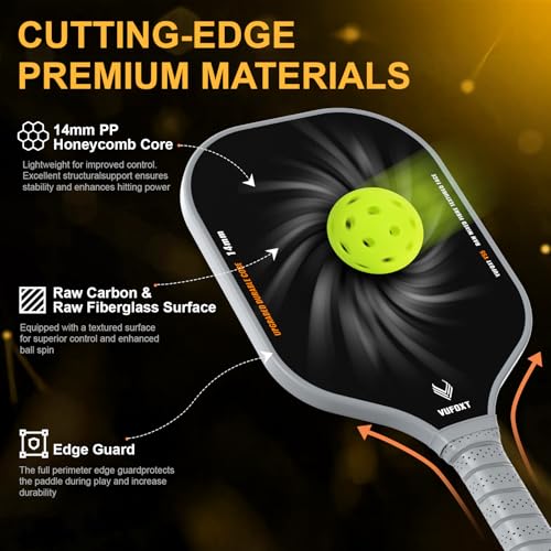 VUFOXT Pickleball Paddles Set of 4 Lightweight Raw Carbon and Glass Fiber Surface Pickleball Racket Set with 14mm PP Honeycomb Core USAPA Compliant 4 Pickle Balls 4 Tapes 1Bag 1 Paddle Cleaner - Image 3