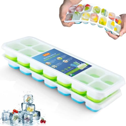 Solitude 2 Pcs Silicone Pop Up Square Ice Cube Trays with 28 Cavities for Freezer with Lid Easy Release Flexible Bottom, Stackable Tray, 100% BPA Free, Food Grade for Freezer, Cocktail - Image 1