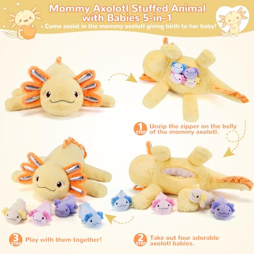 gnomantic 5 Pieces Axolotl Stuffed Animals with Babies Inside Belly 1 Mommy Stuffed Axolotl with 4 babies Yellow Axolotls Plush Toy for Kid Age 38 Gift Ideal for Christmas Valentines Birthday - Image 5