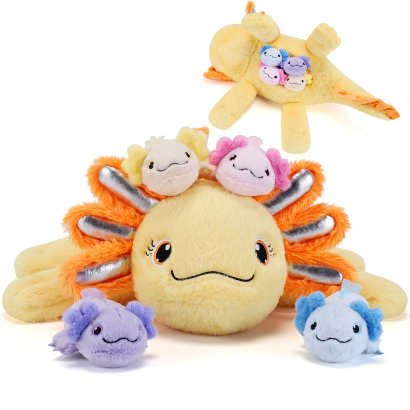 gnomantic 5 Pieces Axolotl Stuffed Animals with Babies Inside Belly 1 Mommy Stuffed Axolotl with 4 babies Yellow Axolotls Plush Toy for Kid Age 38 Gift Ideal for Christmas Valentines Birthday - Image 3