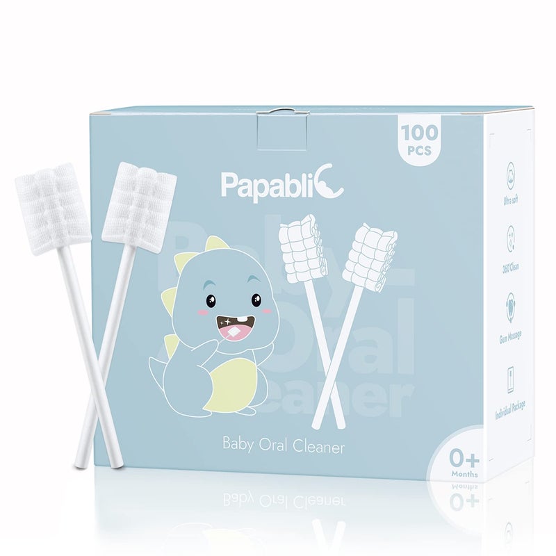 Papablic 100-Pack Baby Tongue Cleaner Newborn, Baby Disposable Infant Toothbrush, Upgrade Baby Oral Gum Cleaner with Paper Handle for Babies and Infants Ages 0-2 Years - Image 1