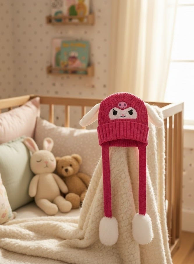 zoba Cute cartoon design winter hat for kids - soft wool hat with a push mechanism to move the ears - interactive and fun for children - warm and lightweight with push balls at the ends - suitable for girls and boys (pink) - Image 5