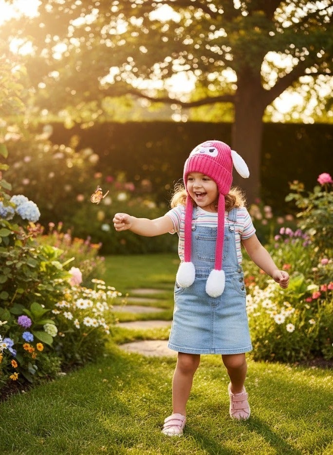 zoba Cute cartoon design winter hat for kids - soft wool hat with a push mechanism to move the ears - interactive and fun for children - warm and lightweight with push balls at the ends - suitable for girls and boys (pink) - Image 4