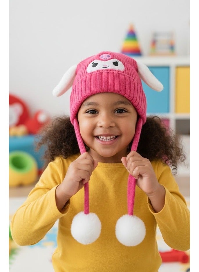 zoba Cute cartoon design winter hat for kids - soft wool hat with a push mechanism to move the ears - interactive and fun for children - warm and lightweight with push balls at the ends - suitable for girls and boys (pink) - Image 3