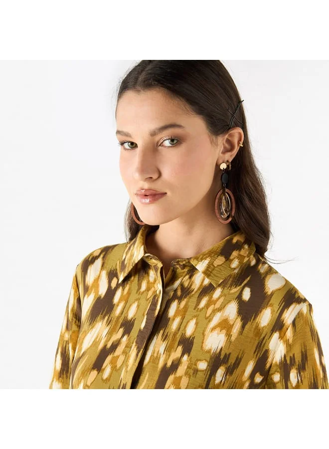 Iconic Iconic All-Over Print A-line Shirt Dress with Long Sleeves