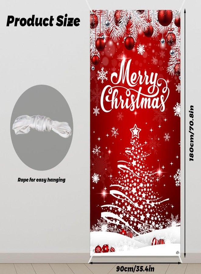ميهوفوند زينة غطاء باب عيد الميلاد من MEHOFOND، لافتة حمراء مكتوب عليها "عيد ميلاد سعيد" للباب الأمامي، زينة معلقة على شكل كرة ندفة ثلجية لشجرة عيد الميلاد، لوازم حفلات العطلات الشتوية 35.4 × 70.8 بوصة - Image 2