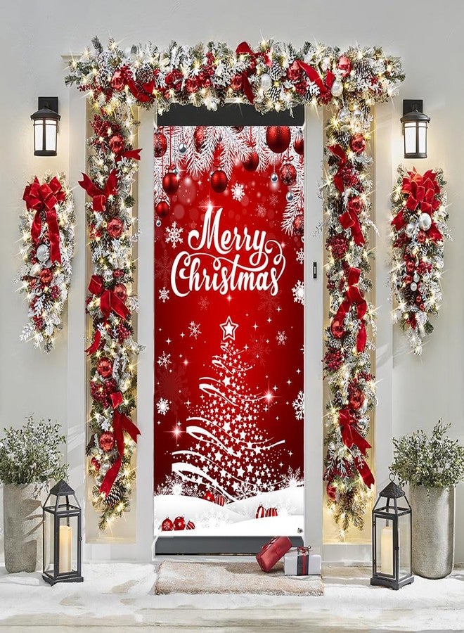 ميهوفوند زينة غطاء باب عيد الميلاد من MEHOFOND، لافتة حمراء مكتوب عليها "عيد ميلاد سعيد" للباب الأمامي، زينة معلقة على شكل كرة ندفة ثلجية لشجرة عيد الميلاد، لوازم حفلات العطلات الشتوية 35.4 × 70.8 بوصة - Image 3