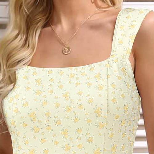 Newshows Womens 2025 Summer Beach Floral Midi Dress Spring Vacation Outfits Square Neck Ruffle Split Sundress(Yellow Rose,M) - Image 2