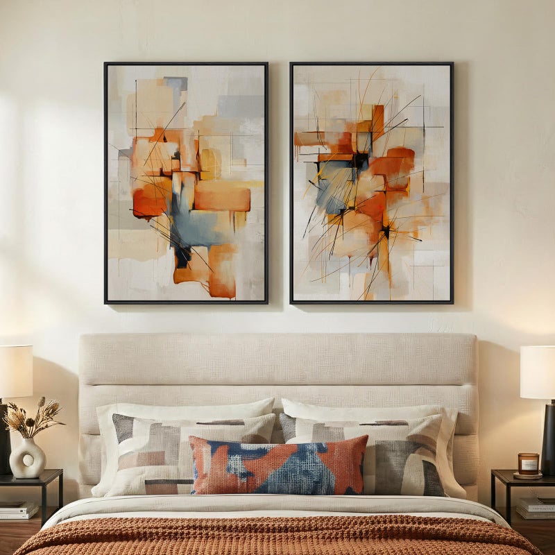 Cuspin Large Framed Abstract Canvas Wall Art, 2 Piece Modern Prints Paintings Artwork for Walls, Minimalist Blue Orange Block Pictures for Living Room Dining Room Bedroom Hallway Wall Decor 24x36 In - Image 2