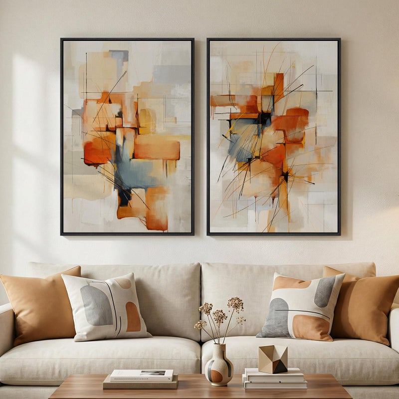 Cuspin Large Framed Abstract Canvas Wall Art, 2 Piece Modern Prints Paintings Artwork for Walls, Minimalist Blue Orange Block Pictures for Living Room Dining Room Bedroom Hallway Wall Decor 24x36 In - Image 1