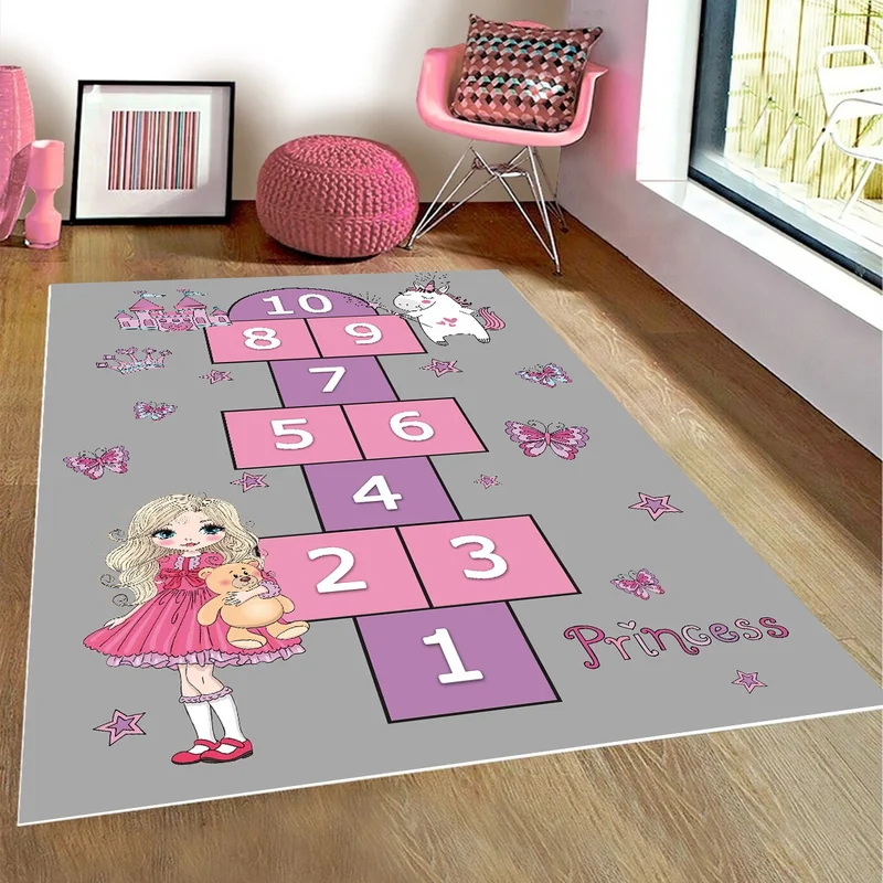 Vagonik Wagonik Hopscotch Play Mat Princess Patterned Digital Printed Carpet with Non-Slip Base Washable for Children's Room
