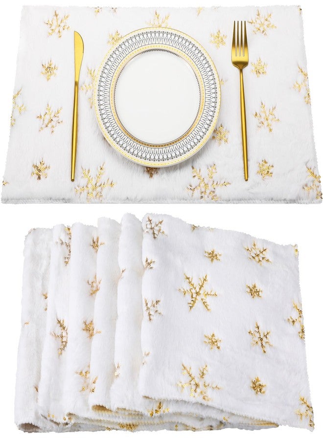Tinideya 6 Pcs Faux Fur Placemats 18 x 12 Inches Fluffy Table Place Mats Small Fuzzy Rug for Indoor Outdoor Kitchen Dinner Party Dining Decorations Nonslip Washable Table Mats(White and Gold,6) - Image 1