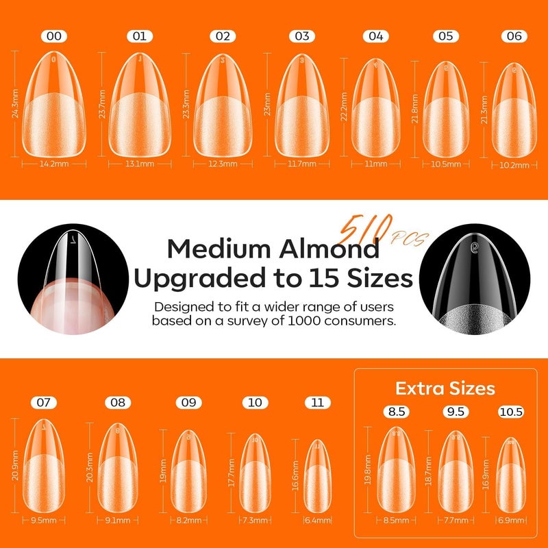 modelones Gel Nail Kit Almond, Upgrade 15Sizes Fake Nails, 9-in-One Glue Dehydrator & Mini U V Light Clipper, 510Pcs Medium Almond Press on Tips for Extension DIY Salon Home Gift - Image 3
