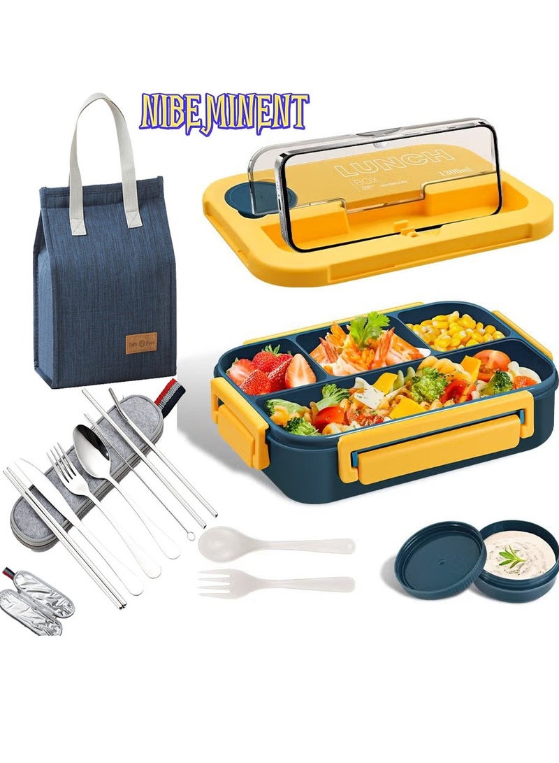 NIBEMINENT Versatile 4-Compartment Bento Box With lunch bag&tableware, Lunch Box for Adults Men Women, Leak-Resistant, Lunchable Food Container with Utensils, Sauce Jar, Microwave & Dishwasher Safe - Image 1