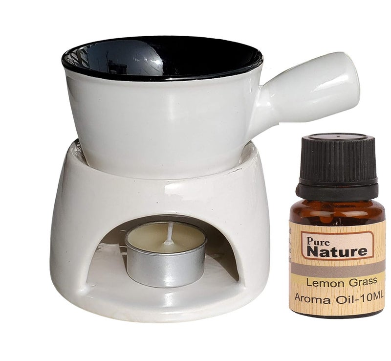 Pure Source India Pure Source India Ceramic Fondue Set Oil Diffuser with 10 Ml Lemon Grass and 4 Tea Candles White  - Image 1