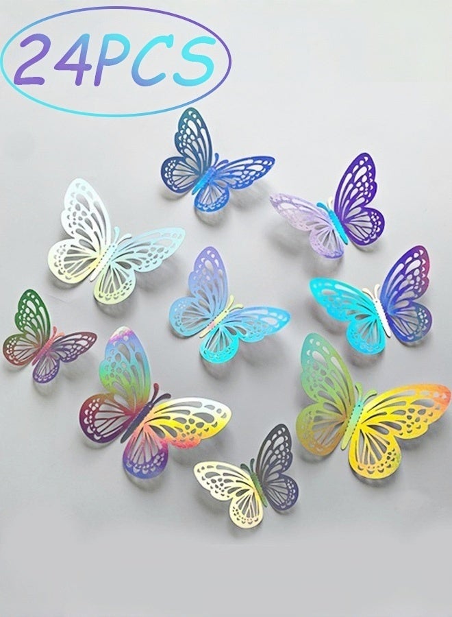 24 Pcs Hollow Out 3D Butterfly Wall Stickers Laser Shiny Removable Wall Decals for Kids Bedroom Nursery Classroom, Wedding Party and Cake DIY Decor - Image 1