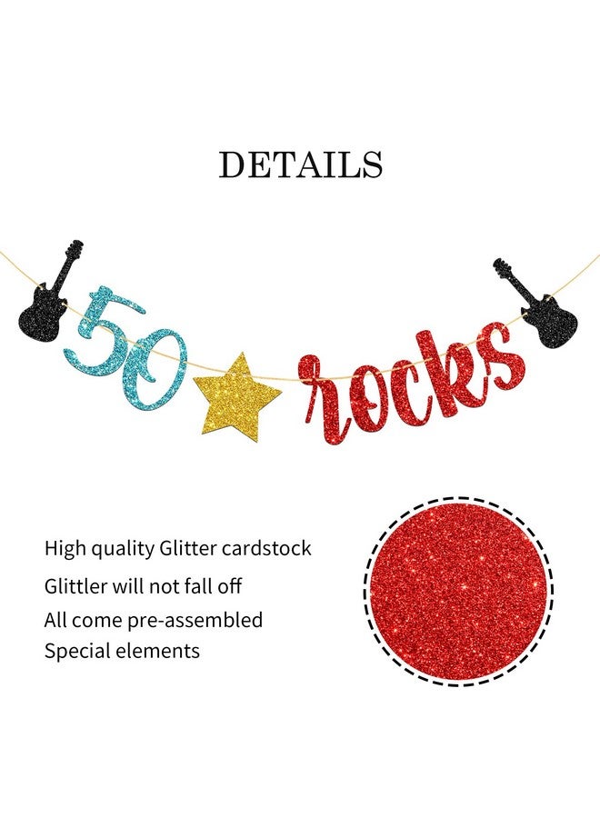 WeBenison 50 Rocks Birthday Banner Rock and Roll Music Theme 50th Birthday Banner / 50's Rock Guitar Birthday Party Decorations Glitter (50) - Image 3