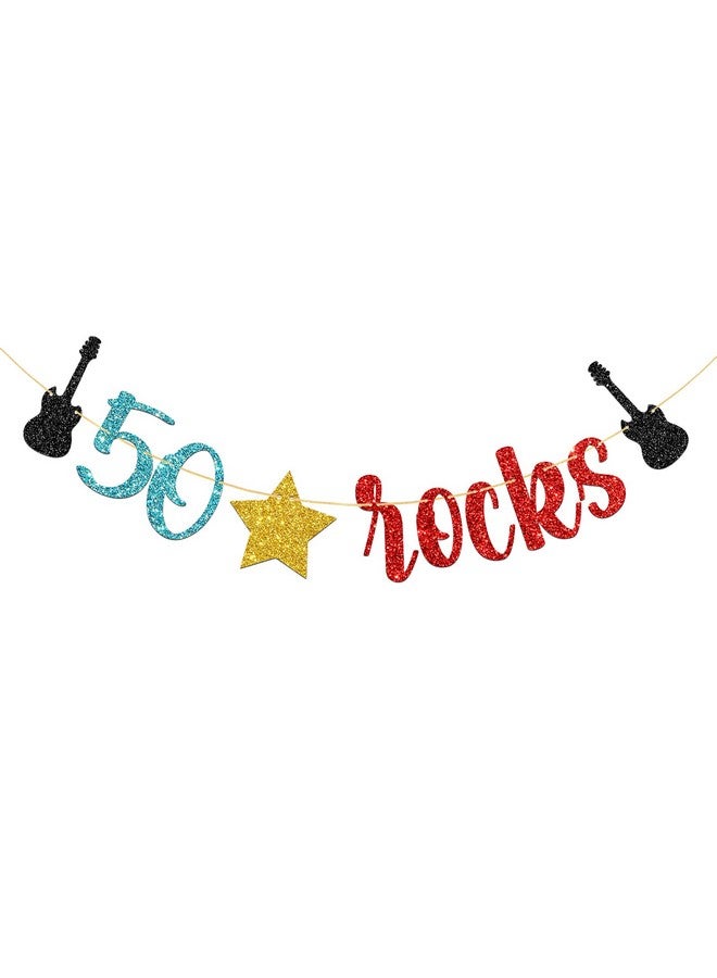 WeBenison 50 Rocks Birthday Banner Rock and Roll Music Theme 50th Birthday Banner / 50's Rock Guitar Birthday Party Decorations Glitter (50) - Image 1