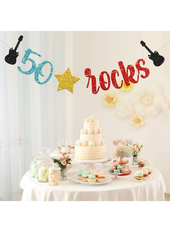 WeBenison 50 Rocks Birthday Banner Rock and Roll Music Theme 50th Birthday Banner / 50's Rock Guitar Birthday Party Decorations Glitter (50) - Image 4