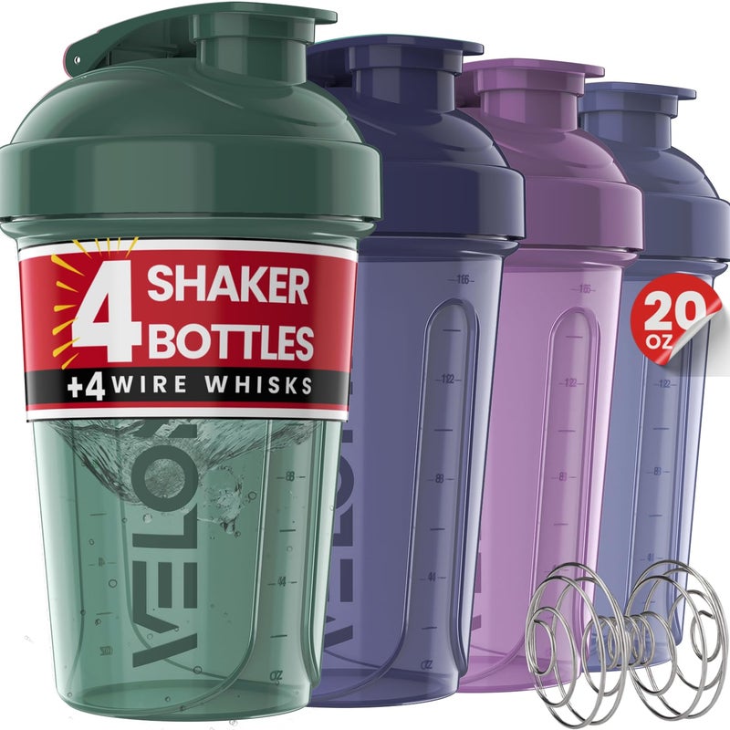VELOMIX 4 PACK 20 oz Protein Shaker Bottle for Protein Mixes 4x Wire Whisk Leak Proof Shaker Cups for Protein Shakes Stackable Protein Shaker Bottle Pack Dishwasher Safe Blue Mirage - Image 2