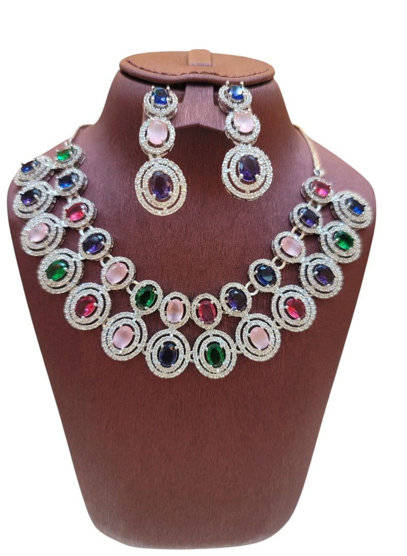 American Diamond Double Layer Multi Colour Jewellery Set With Earrings  - Image 1