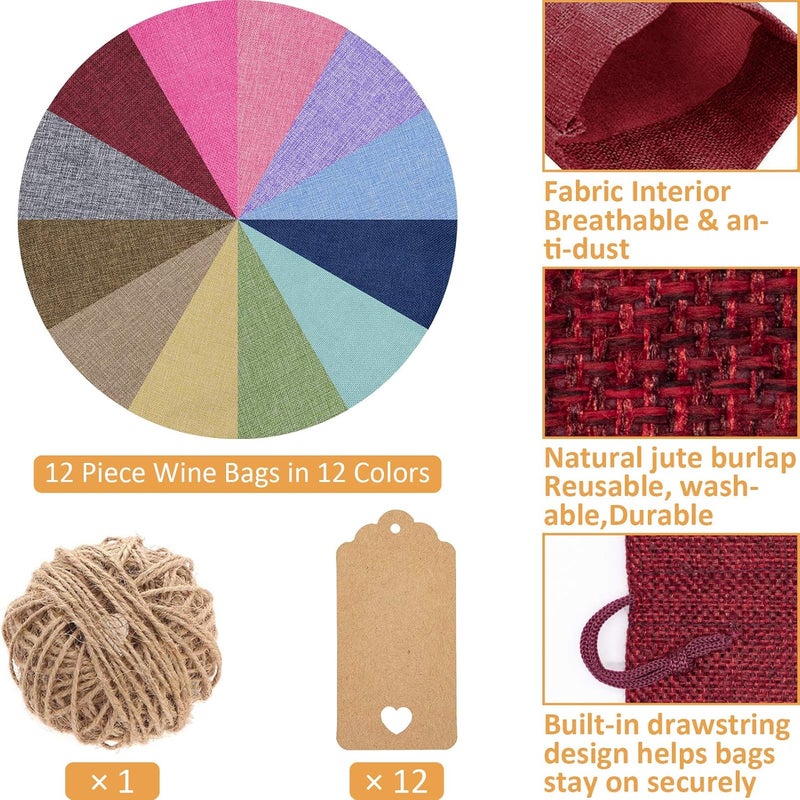 Aoonby Burlap Wine Bags Christmas Gift Bags , 12 Pcs Wine Bottle Covers with Drawstrings, Tags & Ropes, Reusable & Ideal for Christmas, Holiday Party, Wedding, Birthday, Travel, Housewarming, Home Storage - Image 2