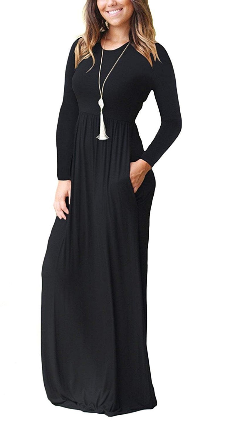 MISFAY Women's Long Sleeve Loose Plain Maxi Dresses Casual Long Dresses Pocket(Black,S) - Image 3