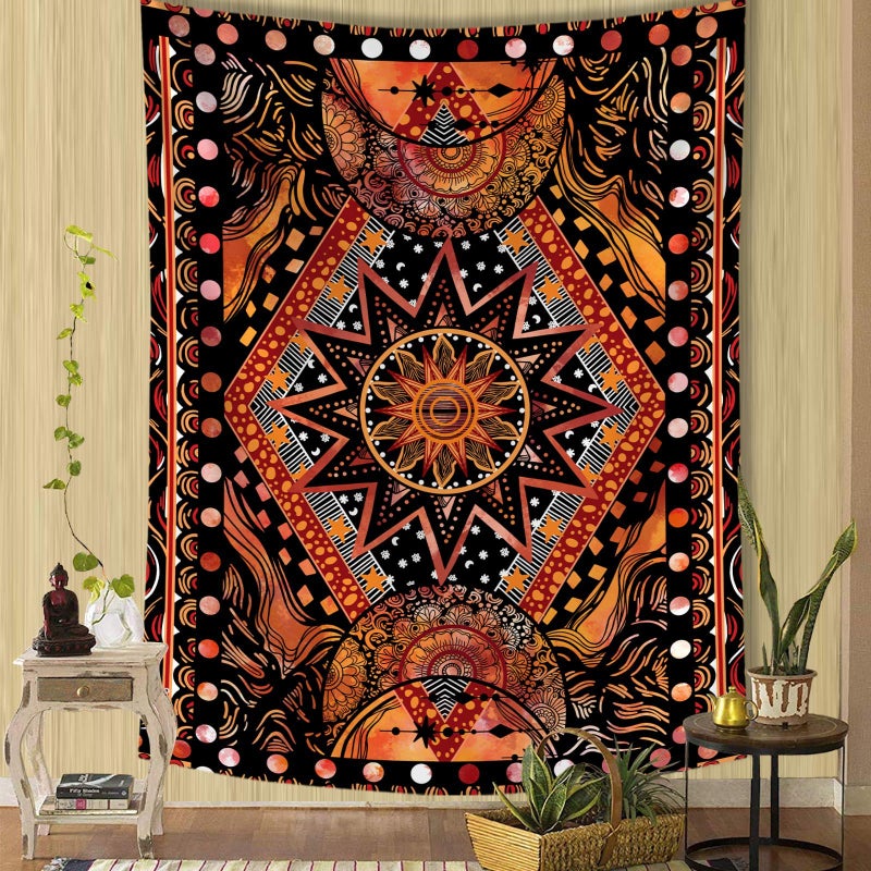 Fowocu Orange Sun and Moon Tapestry Wall Hanging Indie Hippie Mandala Cool Wall Tapestries Aesthetic Tapestry for Bedroom Living Room Dorm Orange 50 60