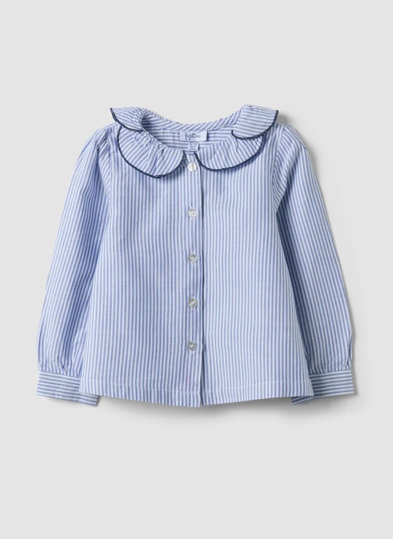 Ovs OVS Blue Striped Pure Cotton Shirt With Ruffle Collar For Baby Girls