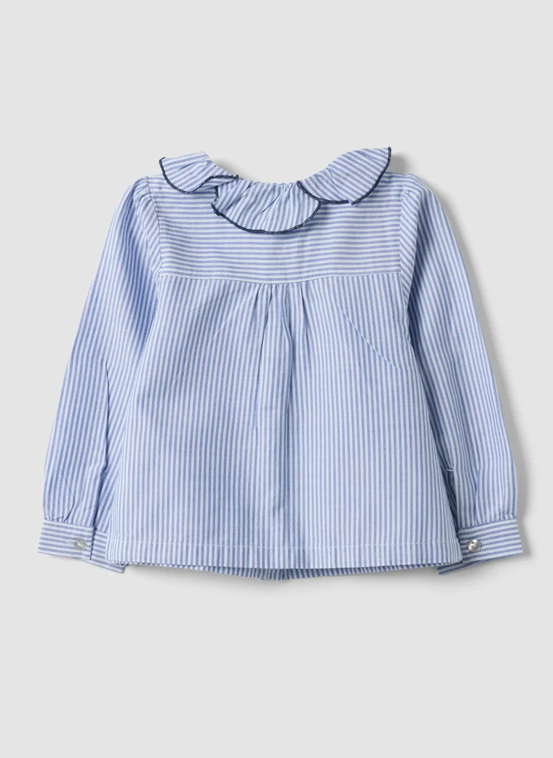 Ovs OVS Blue Striped Pure Cotton Shirt With Ruffle Collar For Baby Girls