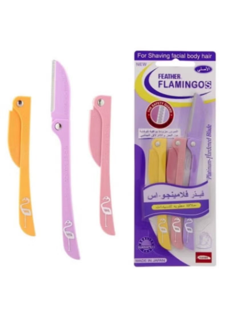 Feather Flamingo S Women's Face and Eyebrow Razors Safety Folded Blade with Protection Guard 3 Pieces for Easy and Precise Hair Removal