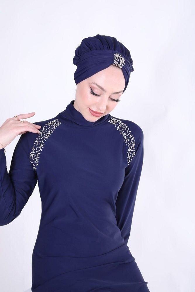NS Tasarım NS Design Shoulder Stoned Swimsuit - Navy Blue  - Image 1