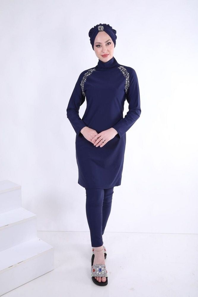 NS Tasarım NS Design Shoulder Stoned Swimsuit - Navy Blue  - Image 3