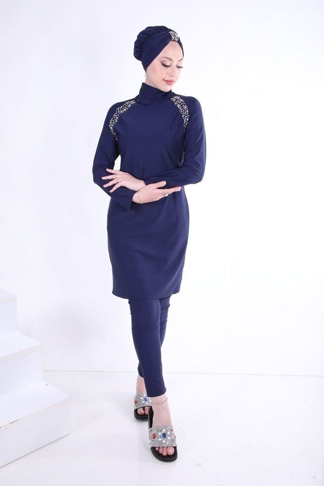 NS Tasarım NS Design Shoulder Stoned Swimsuit - Navy Blue  - Image 2