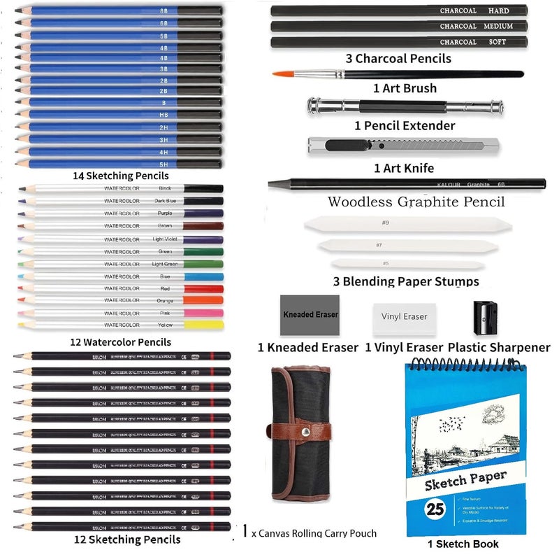 Corslet 52pc Sketch Pencil Set Drawing Kit Drawing Pencils 25 Sheets Sketchbook A5 Charcoal Pencils for Artists Watercolor Colour Shading Pencils Set Blending Stumps Sketching Kit Art Supplies - Image 2