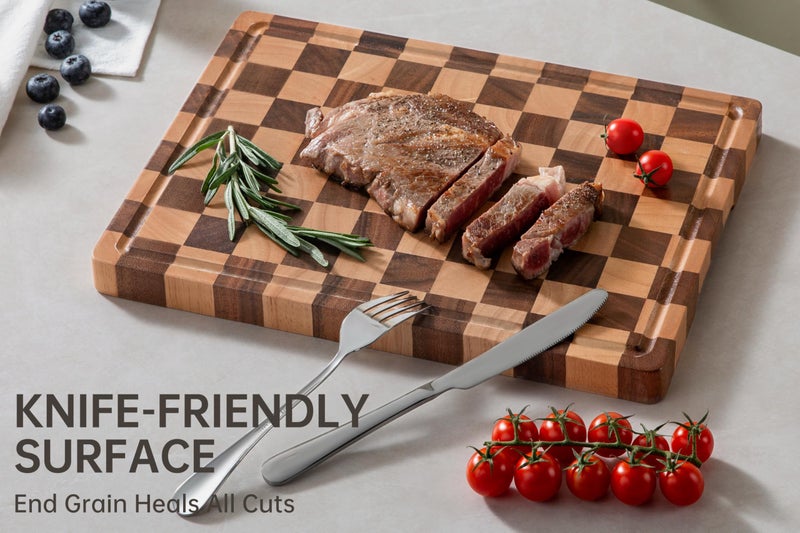 THETCHRY End Grain Cutting Boards for Kitchen, Wooden Cutting board, Acacia Wood Chopping Board with Juice Groove & Handle, Butcher Block for Meat, Bread & Fruit, 14"L x 11"W x 0.8"Th - Image 4