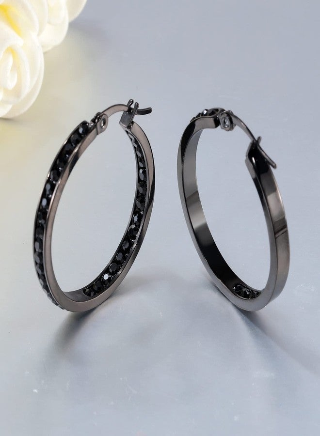 CiNily Hoop Earrings for Women Men Black Cubic Zirconia Earrings Stainless Steel Hypoallergenic Diamond Hoops for Sensitive Ears Jewerly 30 mm - Image 4