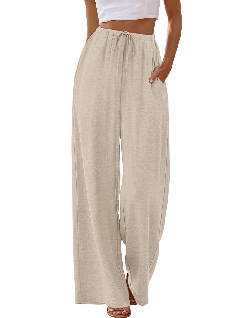 Sampeel Linen Pants Women Wide Leg Palazzo Pants Loose Casual Summer Outfits Resort Wear 2026 Drawstring Elastic Waist Trouser with Pockets Khaki 2XL - Image 2