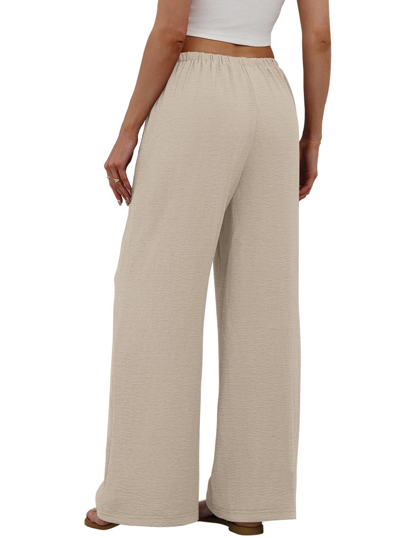 Sampeel Linen Pants Women Wide Leg Palazzo Pants Loose Casual Summer Outfits Resort Wear 2026 Drawstring Elastic Waist Trouser with Pockets Khaki 2XL - Image 5