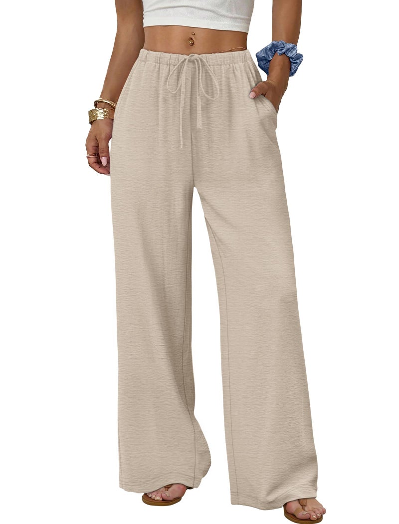 Sampeel Linen Pants Women Wide Leg Palazzo Pants Loose Casual Summer Outfits Resort Wear 2026 Drawstring Elastic Waist Trouser with Pockets Khaki 2XL - Image 1
