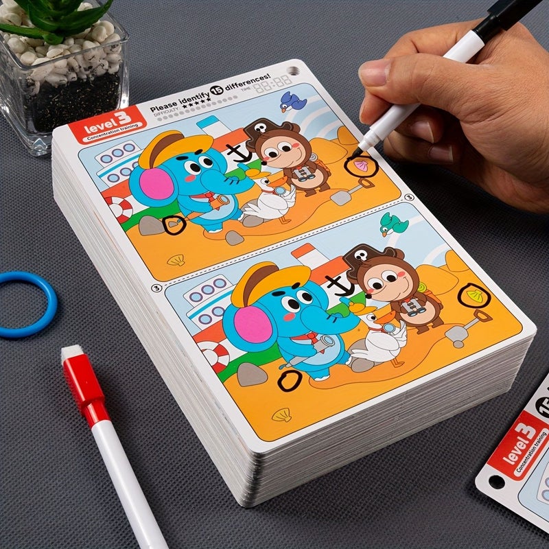 Spot The Difference Game Focus Training Set Level 2 10 Sheets Reusable Erasable Answer Back Interactive Observation Skills Development Fun Educational Toy Surprise Gift Christmas Halloween Thanksgiving - Image 1