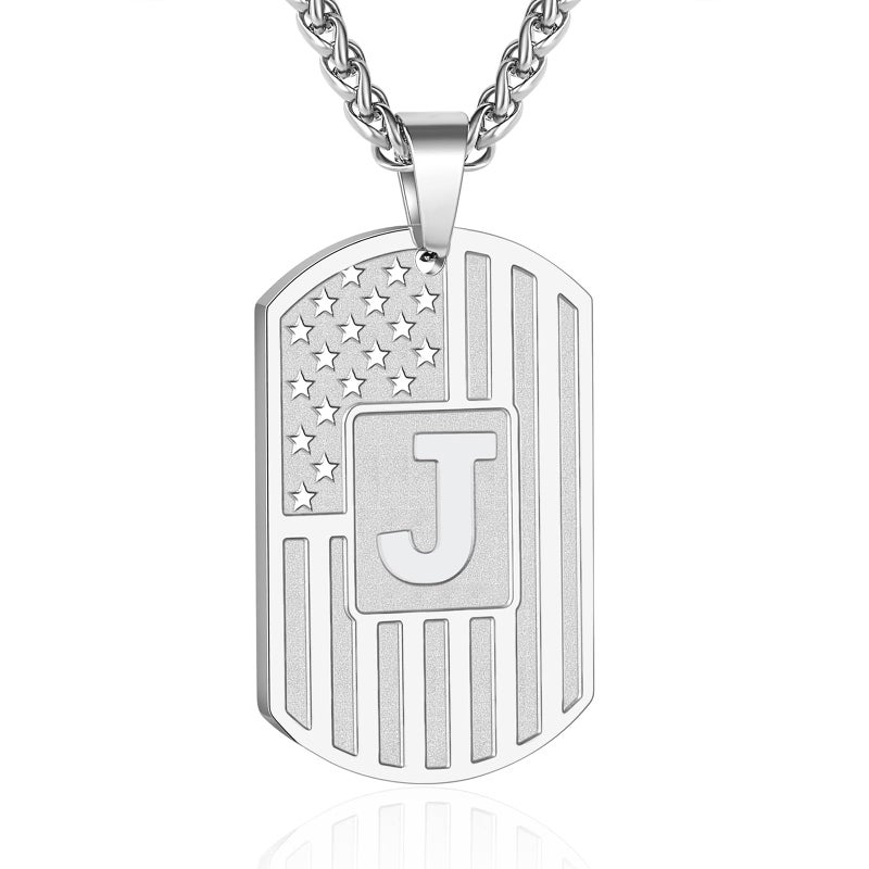 Bellino Initial J Necklace for Men, Letter Dog Tag American Flag Stainless Steel Teen Teenager Him Pendent Chain Alphabet Necklaces Jewelry Birthday Gifts - Image 1