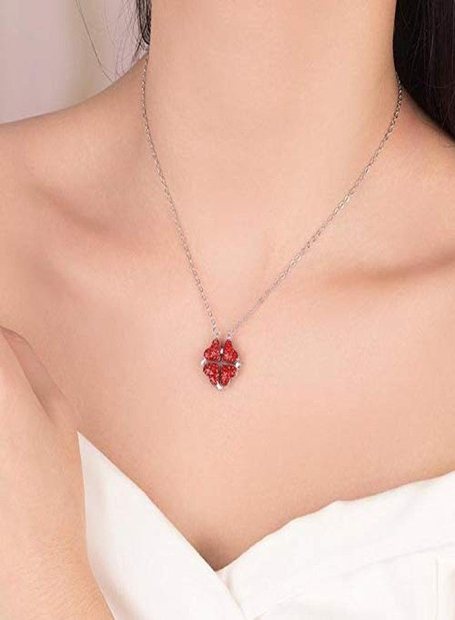 Grab Classy Stainless Steel 2 in1 Four Heart Necklace Both Sides Magnetic Heart Clover Pendant for Valentine's Day Gift (Red) - Image 4