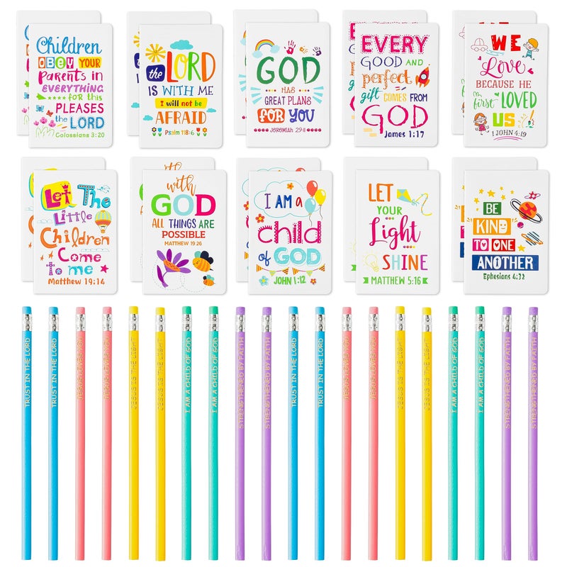 BWkoss 40Pcs Bible Verse Notepad Bible Pencils for Kids Bulk Religious Inspirational Notebooks Pencils Mini Daily Prayer Faith Journals Pocket Notepads Bible Gifts Set for Classroom Home Sunday School - Image 2