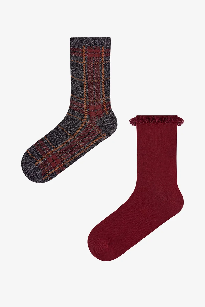 Penti PENTI Vintage Lace Striped Cotton Pair Crew Socks