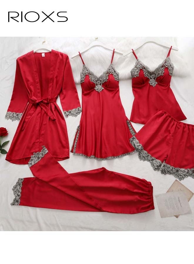 RIOXS Women's 5 Pcs Pajama Sets, Velvet Lace Trim Sleepwear Dress Robe Pants Sets, Cami Top Nightgown, Ladies Comfy Soft Loungewear, Womens Pajamas Set For Lounging/  Sleeping/ Daily Wearing  - Image 3