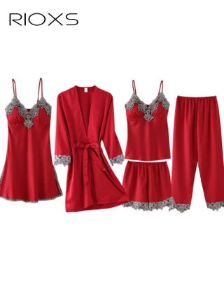 Women's 5 Pcs Pajama Sets, Velvet Lace Trim Sleepwear Dress Robe Pants Sets, Cami Top Nightgown, Ladies Comfy Soft Loungewear, Womens Pajamas Set For Lounging/  Sleeping/ Daily Wearing - pzsku/ZB599B46510BB0251E379Z/45/1750304710/b845161b-ac0e-43a0-bcae-5a736494f59e