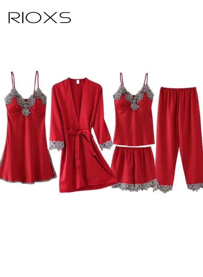 RIOXS Women's 5 Pcs Pajama Sets, Velvet Lace Trim Sleepwear Dress Robe Pants Sets, Cami Top Nightgown, Ladies Comfy Soft Loungewear, Womens Pajamas Set For Lounging/  Sleeping/ Daily Wearing  - Image 1