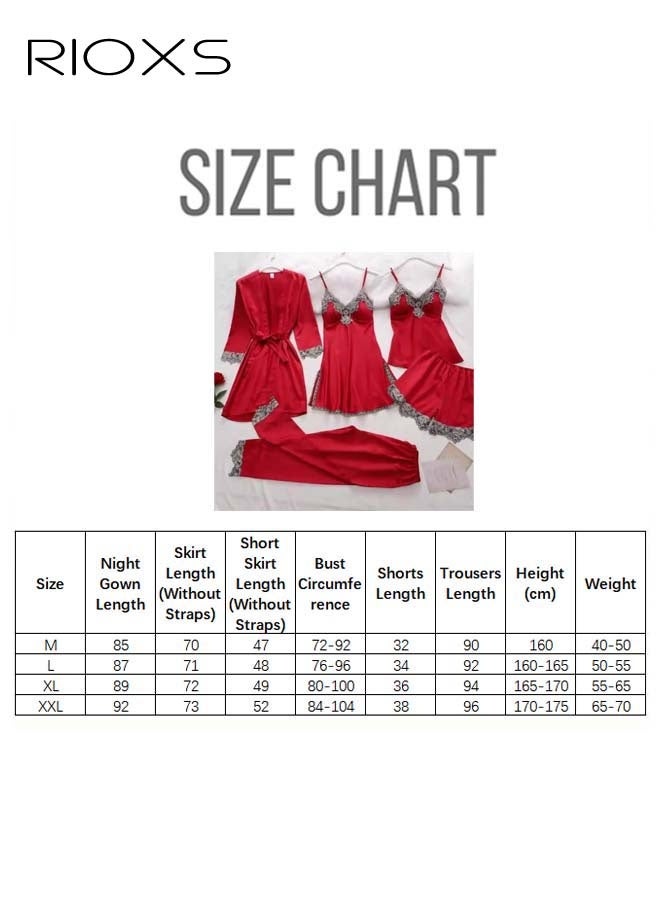 RIOXS Women's 5 Pcs Pajama Sets, Velvet Lace Trim Sleepwear Dress Robe Pants Sets, Cami Top Nightgown, Ladies Comfy Soft Loungewear, Womens Pajamas Set For Lounging/  Sleeping/ Daily Wearing  - Image 4