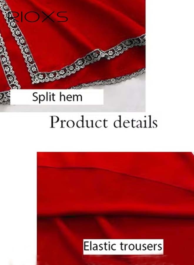 Women's 5 Pcs Pajama Sets, Velvet Lace Trim Sleepwear Dress Robe Pants Sets, Cami Top Nightgown, Ladies Comfy Soft Loungewear, Womens Pajamas Set For Lounging/  Sleeping/ Daily Wearing